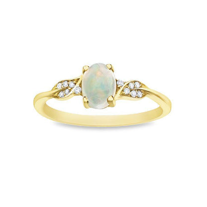 0.04TDW Diamond & 7X5MM Opal Gemstons Ring in 10K Yellow Gold