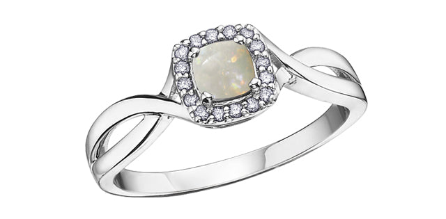 10K White Gold 0.07TDW Halo Diamond &amp; Opal Ring
