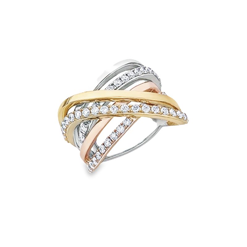 1.00TDW Three-Tone Diamond Modern Ring in 10K Yellow, White and Rose Gold