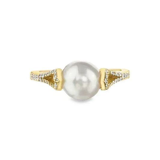 0.22TDW Diamond & 8MM Fresh Water Pearl Gemstone Ring in 10K Yellow Gold