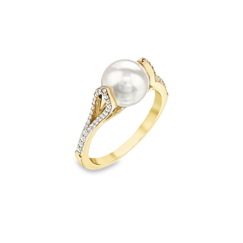 0.22TDW Diamond &amp; 8MM Fresh Water Pearl Gemstone Ring in 10K Yellow Gold