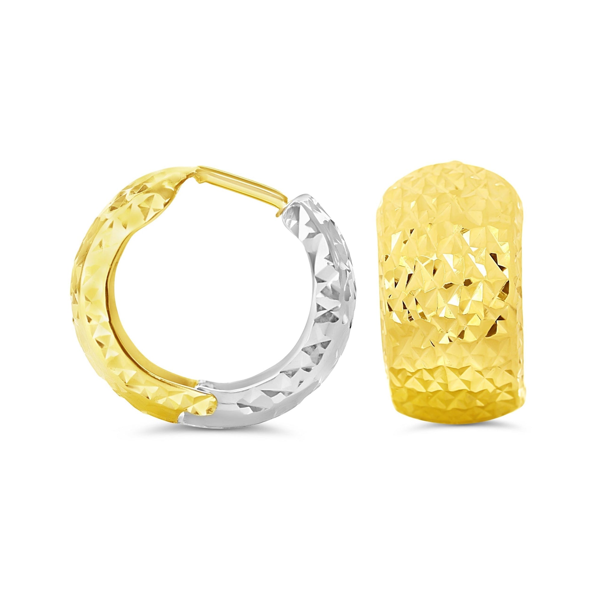 10K Yellow & White Gold Broad Fancy Huggies Earrings