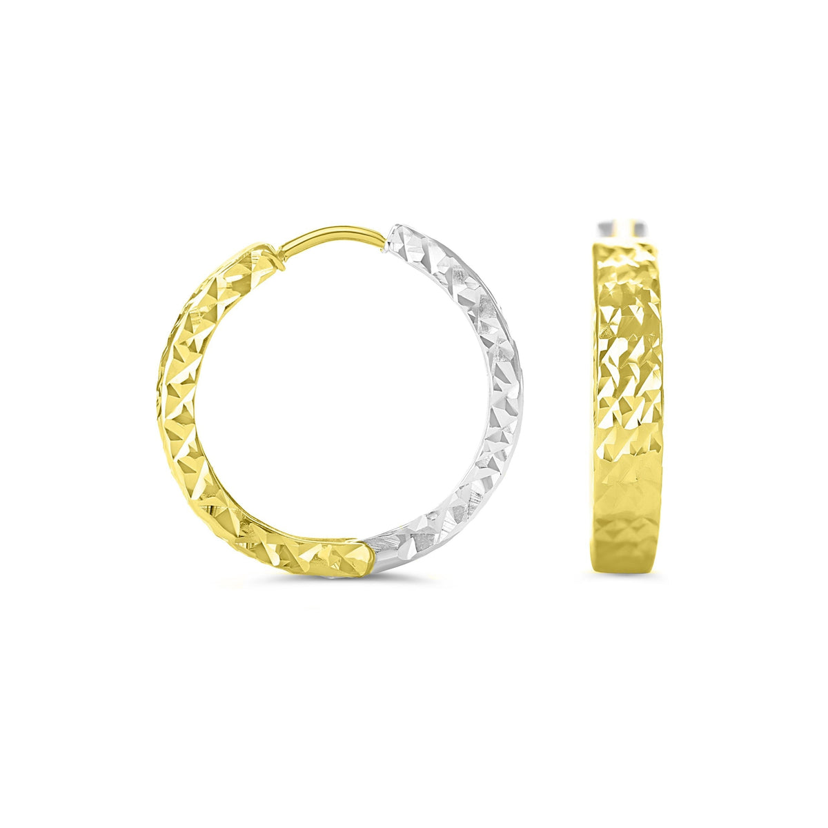 10K Yellow &amp; White Gold Diamond Cut Huggies Earrings