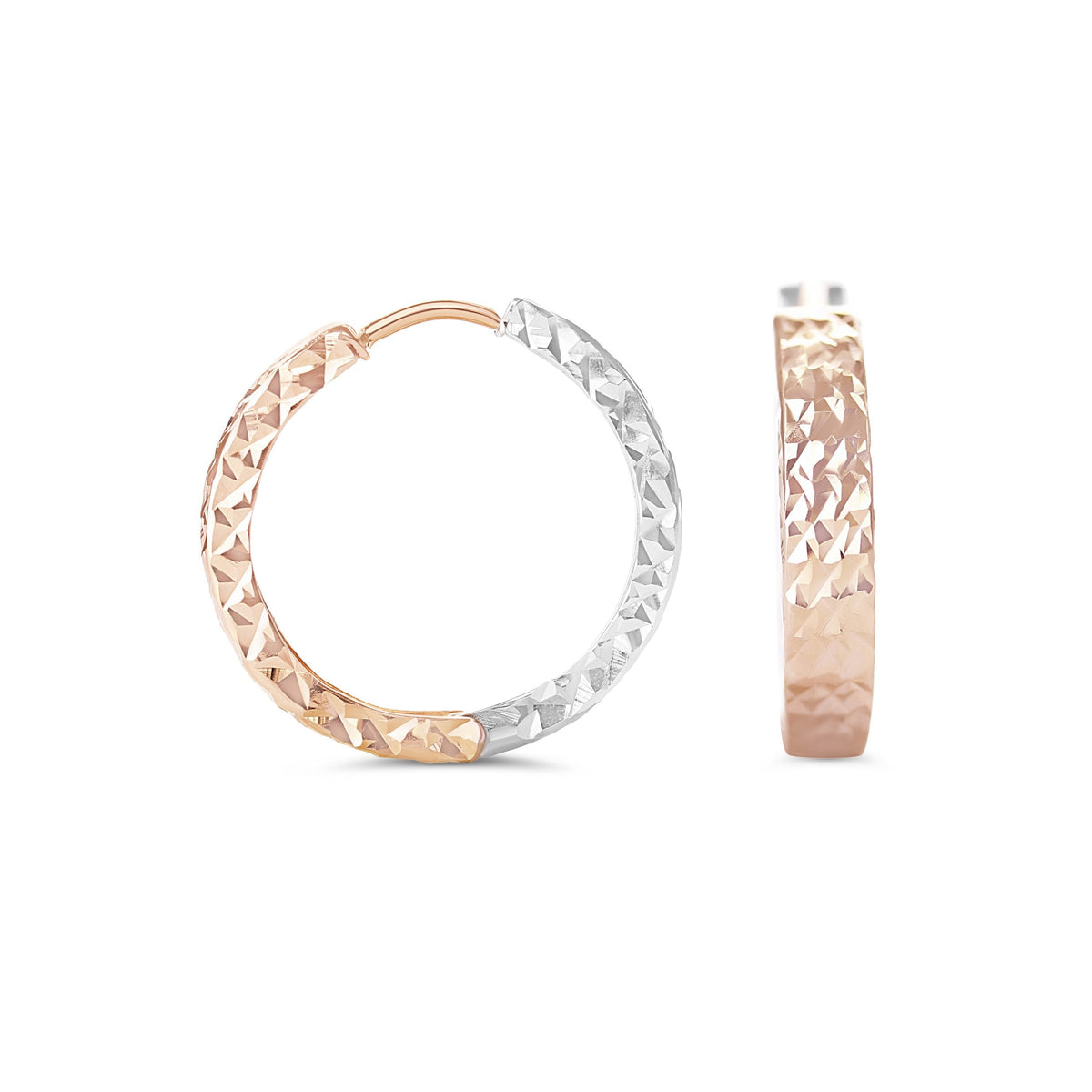 10K Rose &amp; White Gold Diamond Cut Huggies Earrings