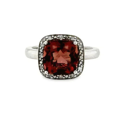 Cushion Cut Rhodolite Garnet and Diamond Halo Ring in Sterling Silver