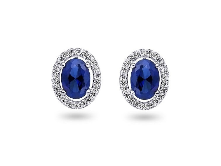 0.21TDW Diamond &amp; 2.5X3MM Oval Sapphire Halo Earrings in 10k White Gold