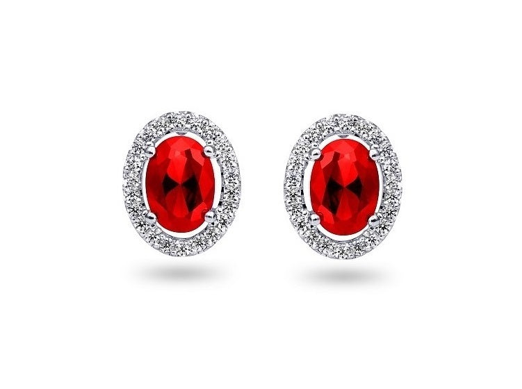 0.21TDW Diamond &amp; 2.5X3MM Oval Ruby Halo Earrings in 10k White Gold