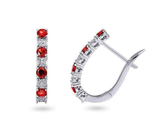 0.08TDW Diamond & Ruby Hoop Earrings in 10K White Gold