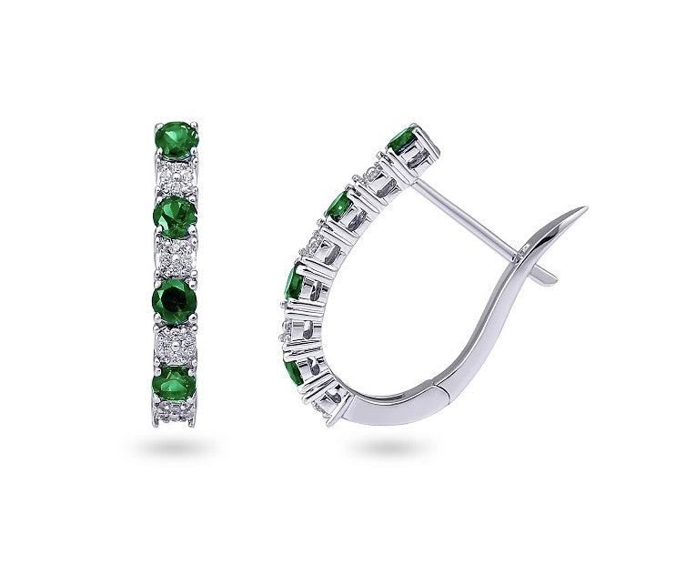 10K White Gold Emerald & 0.08TDW Diamond Hoop Earrings