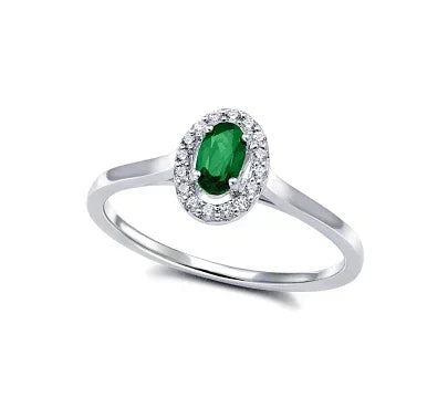 10K White Gold Oval Emerald & 0.10TDW Diamond Halo Ring