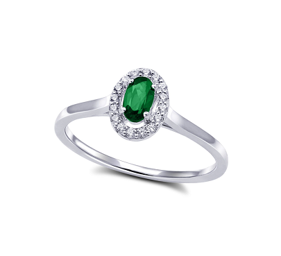 10K White Gold Oval Emerald &amp; 0.10TDW Diamond Halo Ring