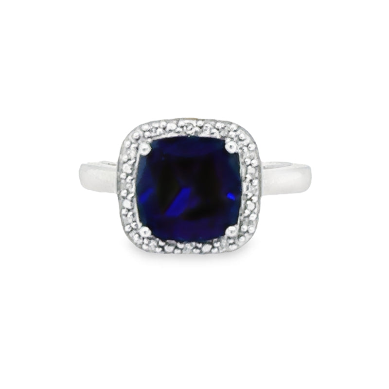 Cushion Cut Sapphire and Diamond Halo Ring in Sterling Silver