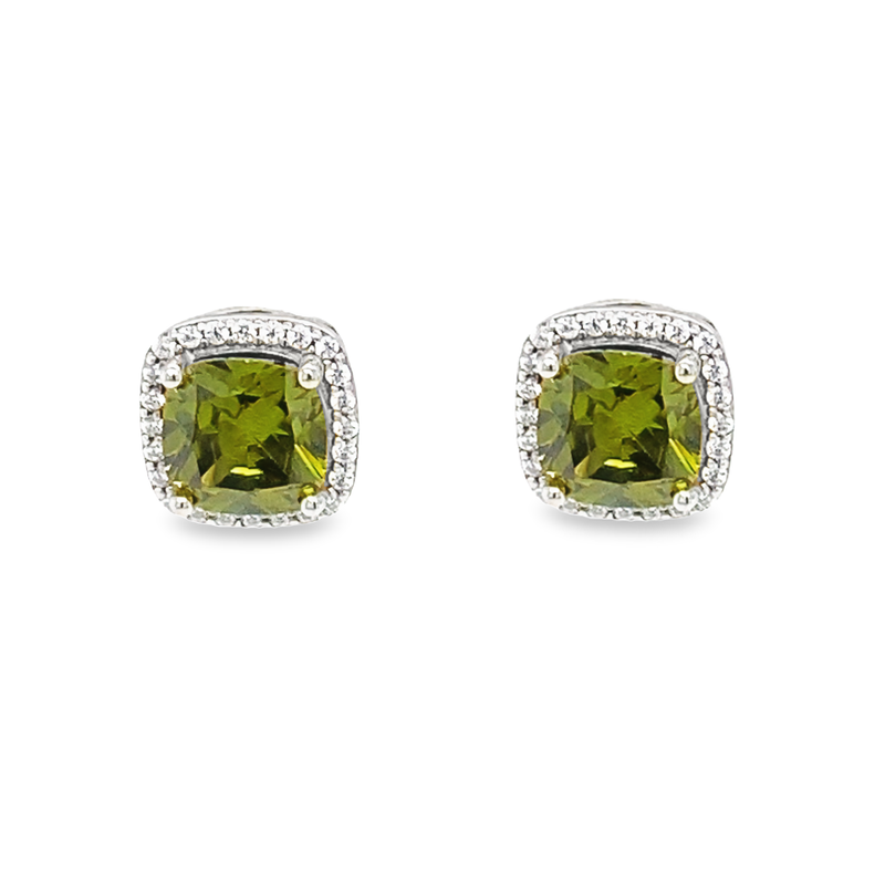 August Birthstone Sterling Silver and Peridot Color CZ Cushion Earrings