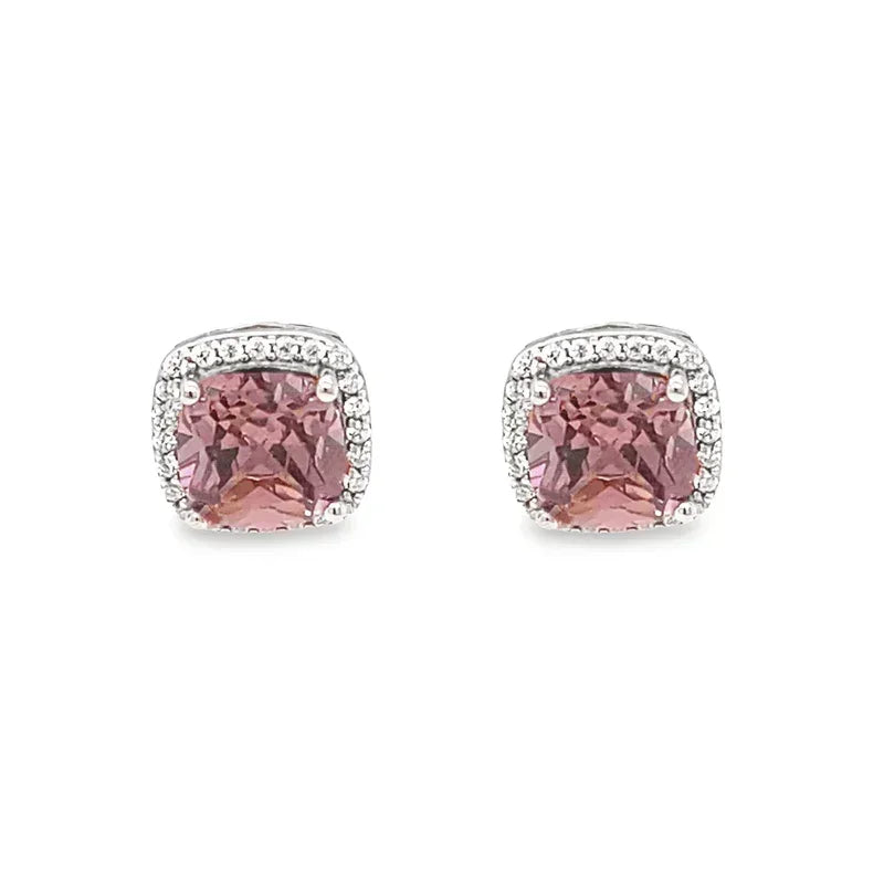 October Birthstone Sterling Silver Cushion Pink Tourmaline Color CZ Earrings