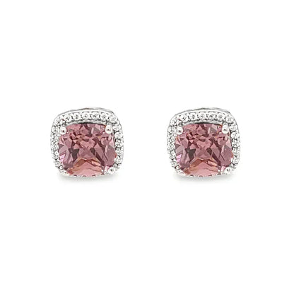 October Birthstone Sterling Silver Cushion Pink Tourmaline Color CZ Earrings