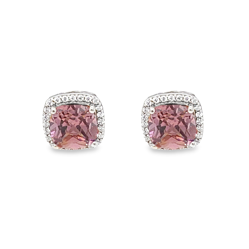 October Birthstone Sterling Silver Cushion Pink Tourmaline Color CZ Earrings