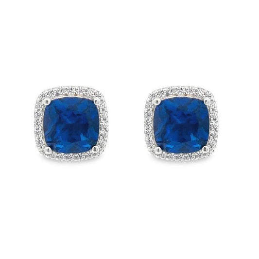 September Birthstone Sapphire Color CZ Cushion Earrings In Sterling Silver