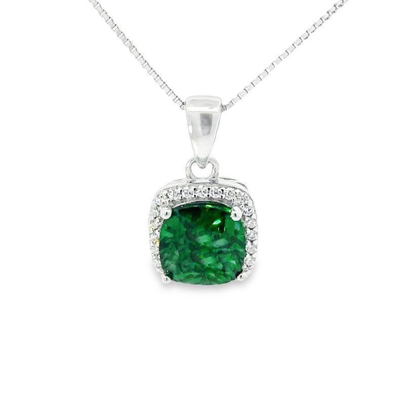 May Birthstone Emerald Color CZ Cushion Pendant In Sterling Silver