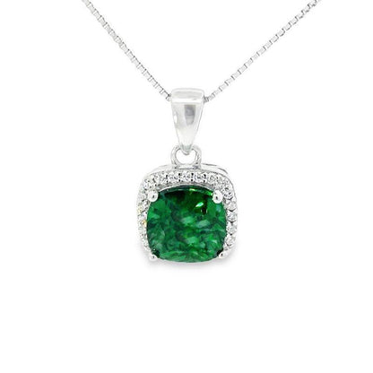 May Birthstone Emerald Color CZ Cushion Pendant In Sterling Silver