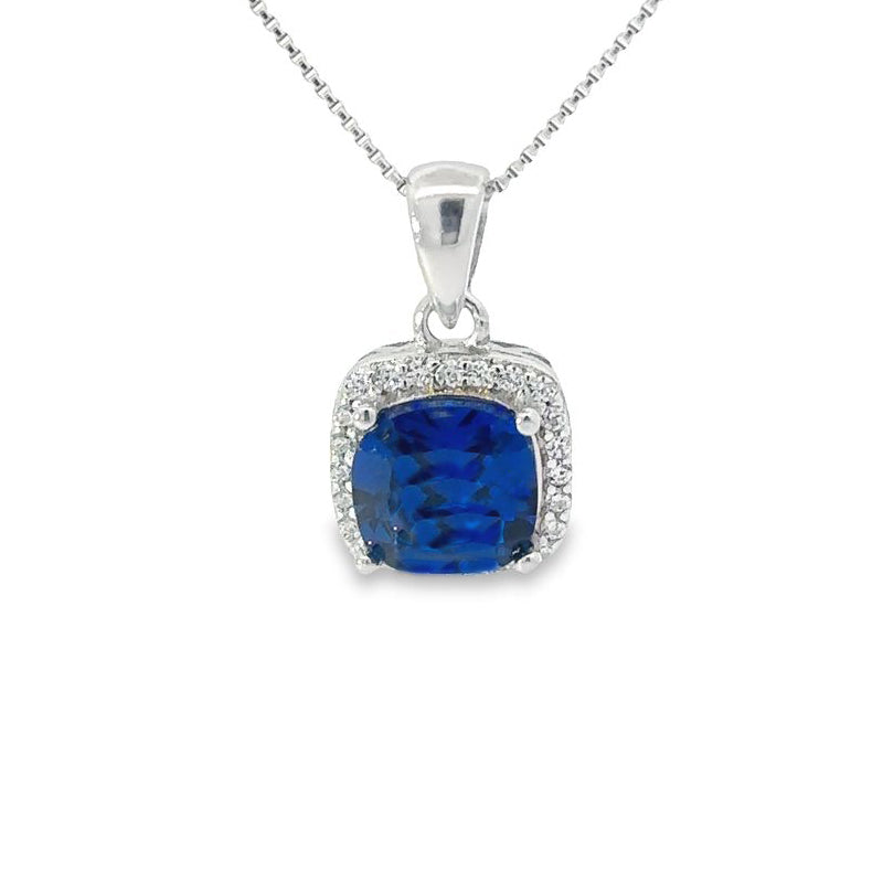 September Birthstone Sapphire Color CZ Cushion Pendant In Sterling Silver
