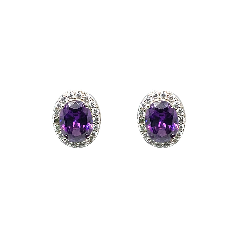 February Birthstone Amethyst Color CZ Oval Earring In Sterling Silver