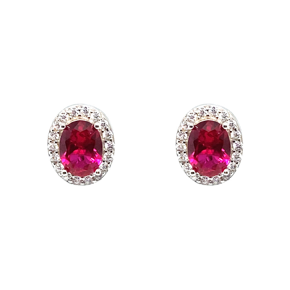 July Birthstone Ruby CZ Oval Halo Stud Earrings in Sterling Silver