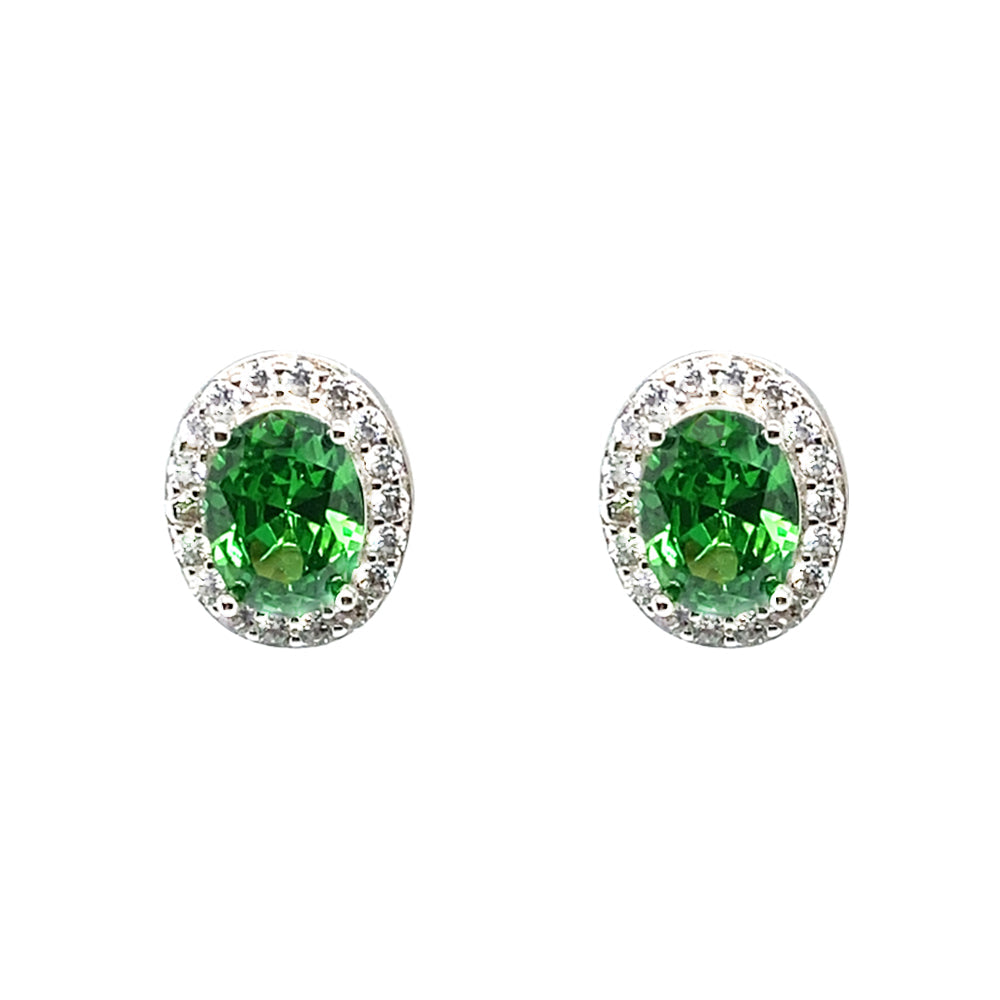 May Birthstone Emeral Color CZ Oval Earring In Sterling Silver