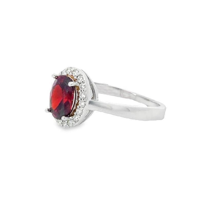 January Birthstone Garnet Color CZ Halo Ring in Sterling Silver