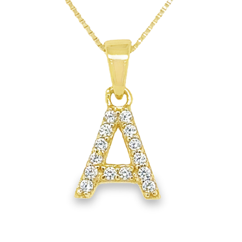 Sterling Silver CZ Initial A Pendant in Yellow Gold Plating