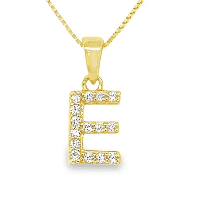 Yellow Gold Plated Sterling Silver CZ Letter E Pendant