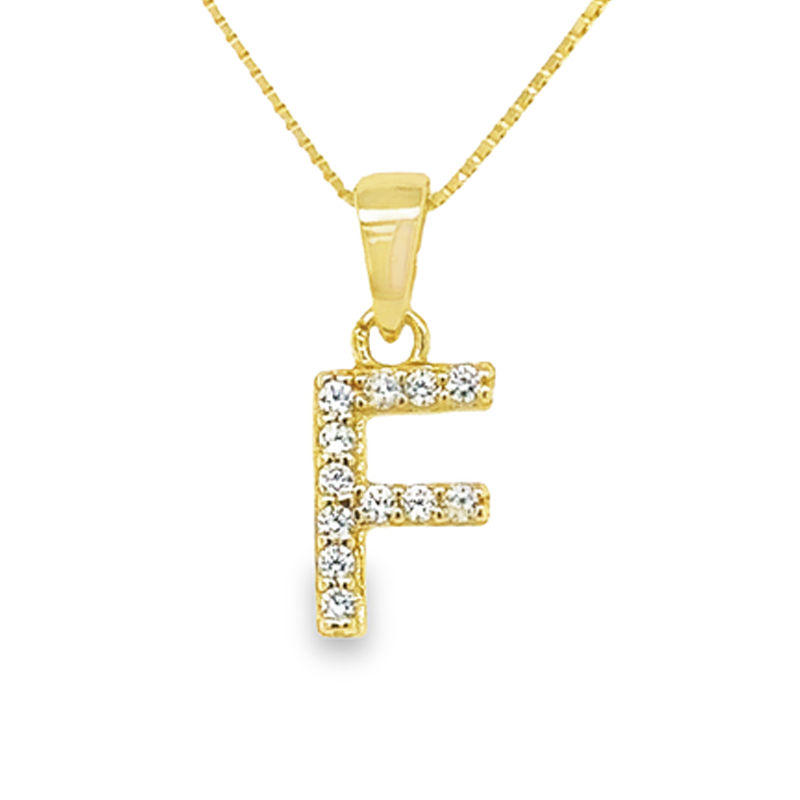 Yellow Gold Plated Sterling Silver CZ Letter F Pendant