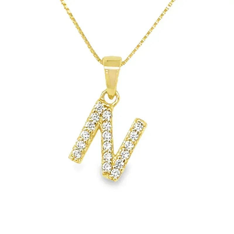 Yellow Gold Plated Sterling Silver CZ Letter N Pendant