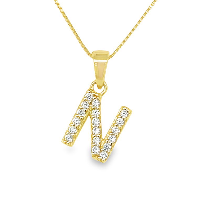 Yellow Gold Plated Sterling Silver CZ Letter N Pendant