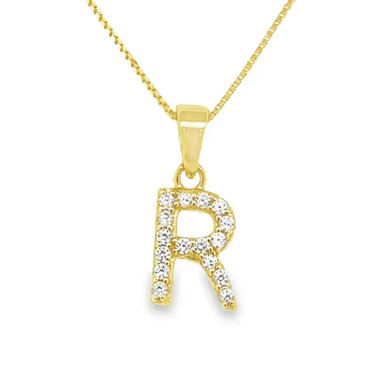 Yellow Gold Plated Sterling Silver CZ Letter R Pendant