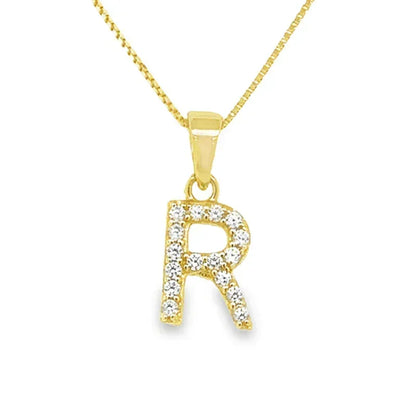 Yellow Gold Plated Sterling Silver CZ Letter R Pendant