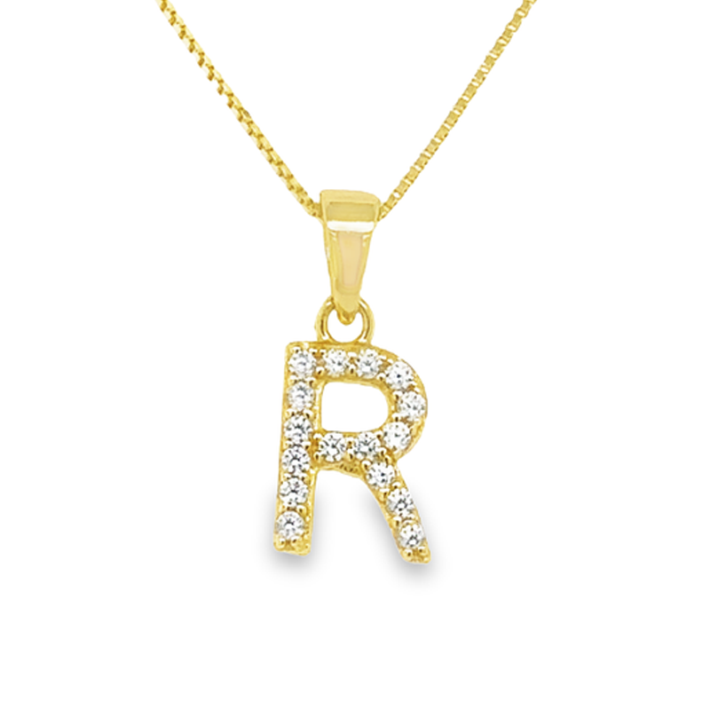 Yellow Gold Plated Sterling Silver CZ Letter R Pendant