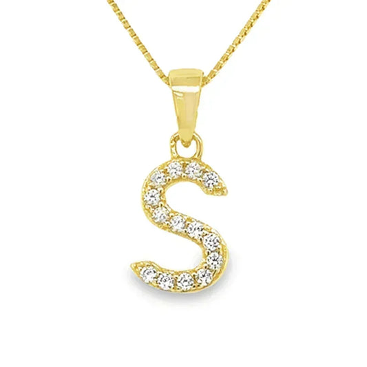 Yellow Gold Plated Sterling Silver CZ Letter S Pendant