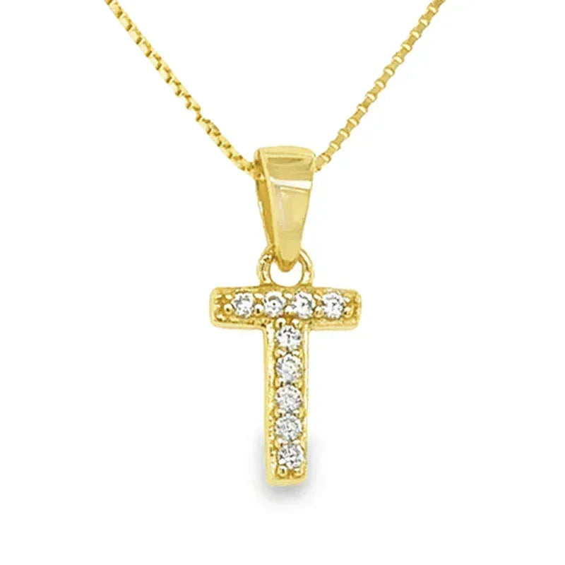 Yellow Gold Plated Sterling Silver CZ Letter T Pendant