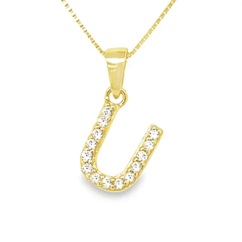 Yellow Gold Plated Sterling Silver CZ Letter U Pendant