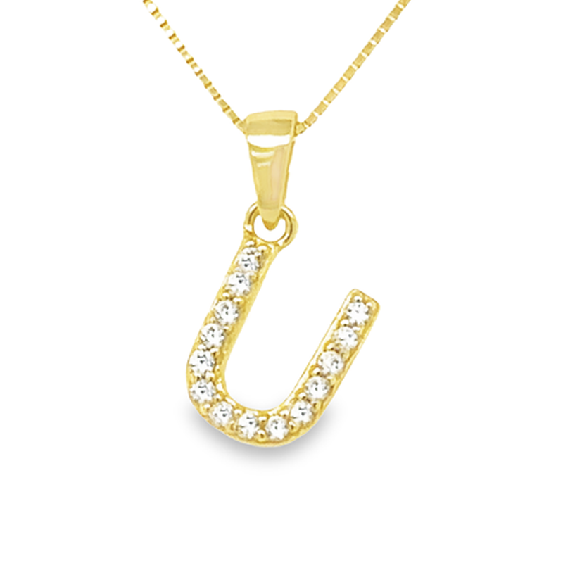 Yellow Gold Plated Sterling Silver CZ Letter U Pendant