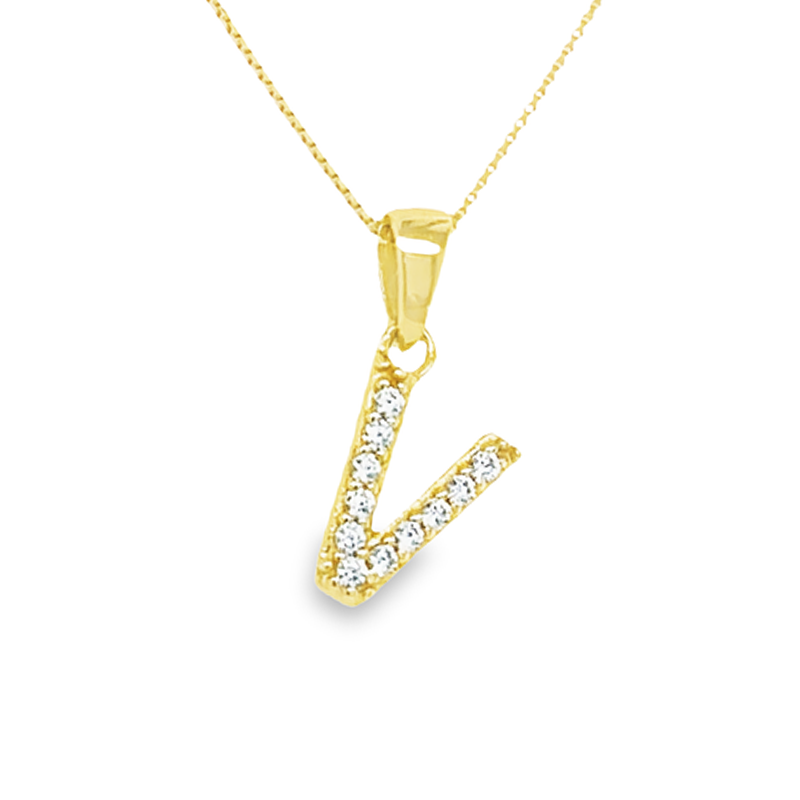 Yellow Gold Plated Sterling Silver CZ Letter V Pendant