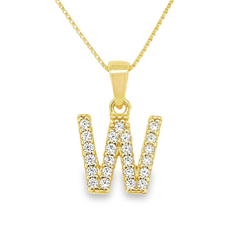 Sterling Silver CZ Letter W Pendant in Yellow Gold Plating