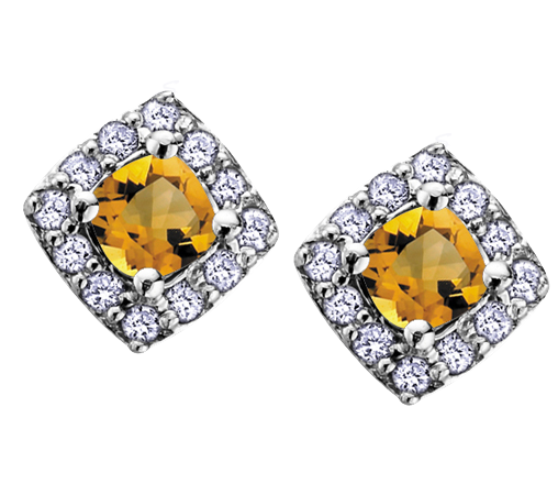 10k White Gold Citrine and Diamond Halo Earrings