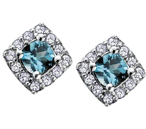 10k White Gold Blue Topaz and Diamond Halo Earrings