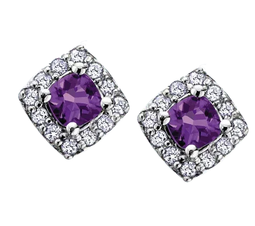 10k White Gold Amethyst and Diamond Halo Earrings