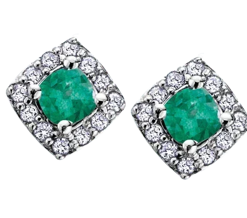10k White Gold Emerald and Diamond Halo Earrings