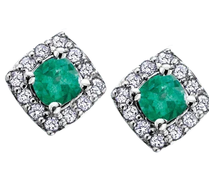10k White Gold Emerald and Diamond Halo Earrings