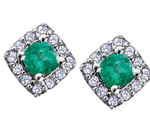10k White Gold Emerald and Diamond Halo Earrings