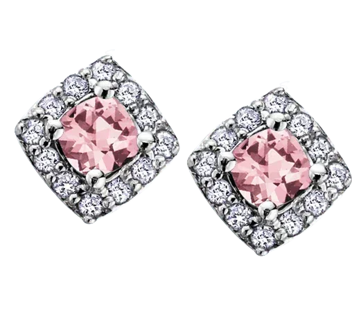 10k White Gold Pink Tourmaline and Diamond Halo Earrings
