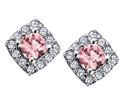 10k White Gold Pink Tourmaline and Diamond Halo Earrings